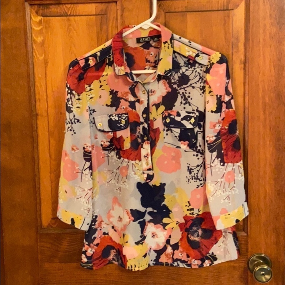 A.N.A. Henley Floral Splash Dressy Casual Gold Button Summer/Spring Blouse PM
